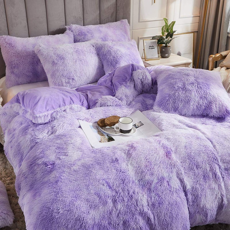 Uhamho Tie Dye Printed Faux Fur Bedding Set Modern Abstract Shaggy Plush Duvet Cover with Pillow Shams, Ultra Soft Warm (King, Tie Dye Lilac) - Image 2
